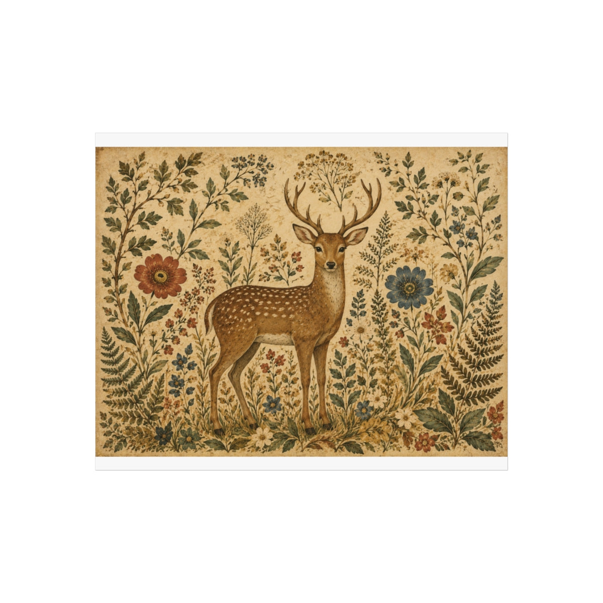 Vintage Deer Illustration Fine Art Poster | Woodland Floral  - 11″ x 9″ (Horizontal)