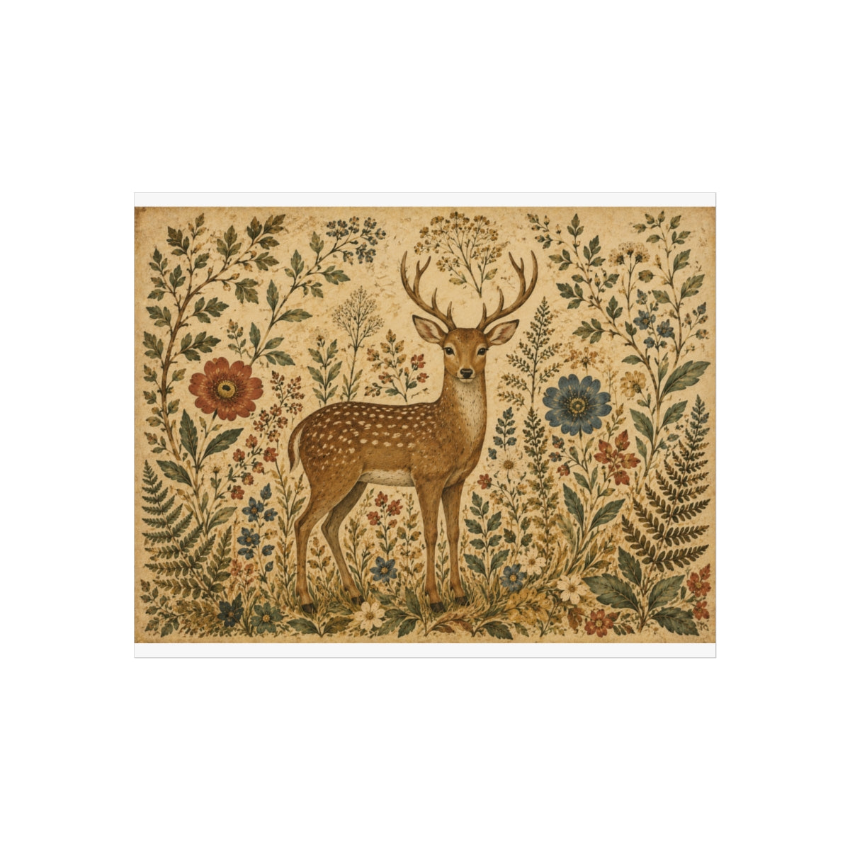 Vintage Deer Illustration Fine Art Poster | Woodland Floral  - 10″ x 8″ (Horizontal)