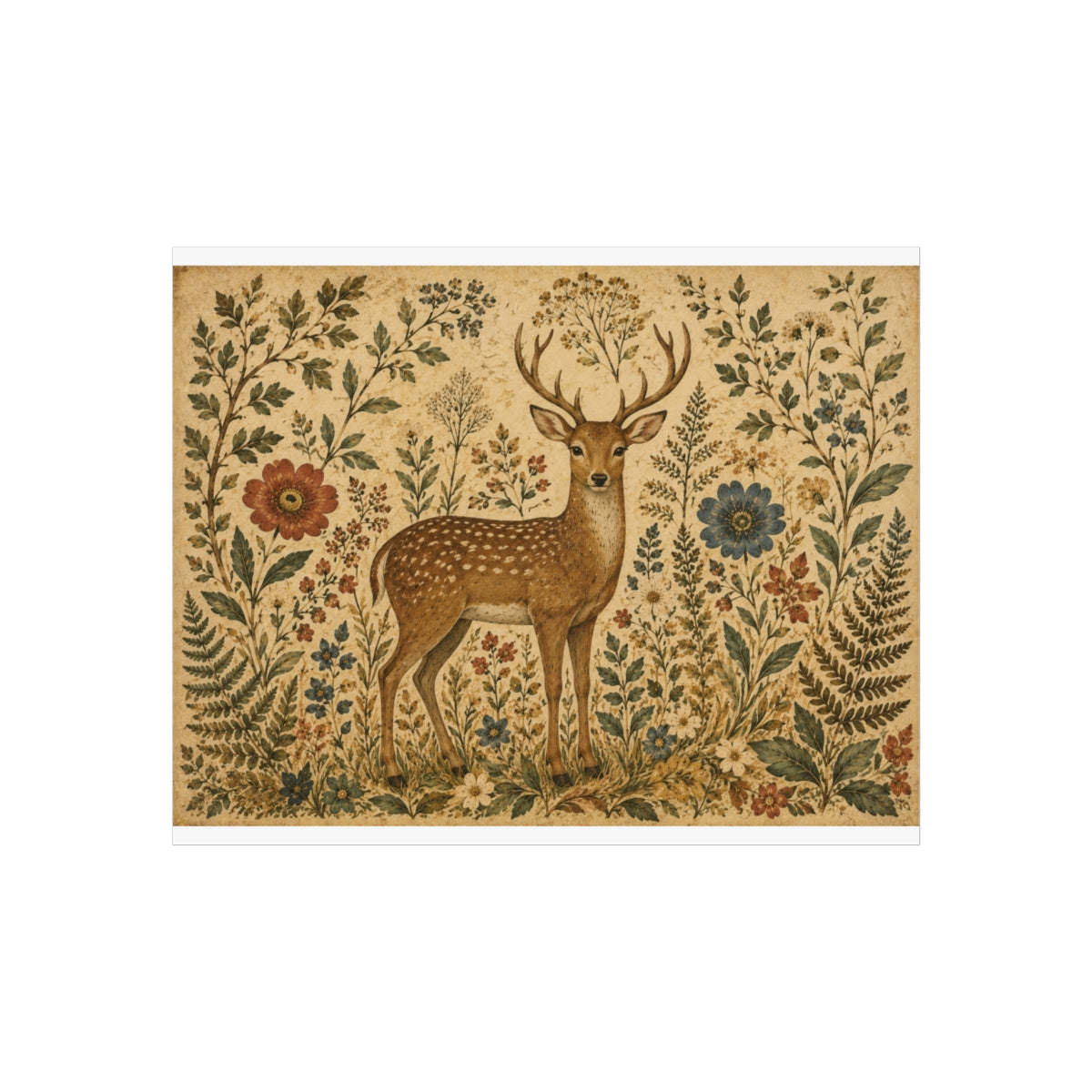 Vintage Deer Illustration Fine Art Poster | Woodland Floral  - 20" x 16" (Horizontal)