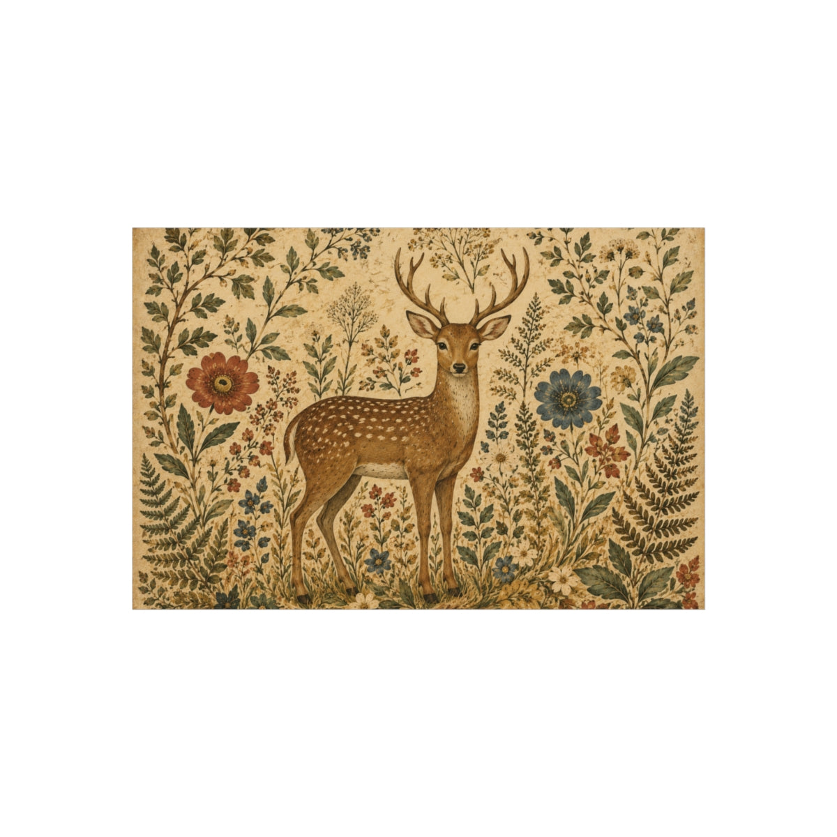 Vintage Deer Illustration Fine Art Poster | Woodland Floral  - 36" x 24" (Horizontal)