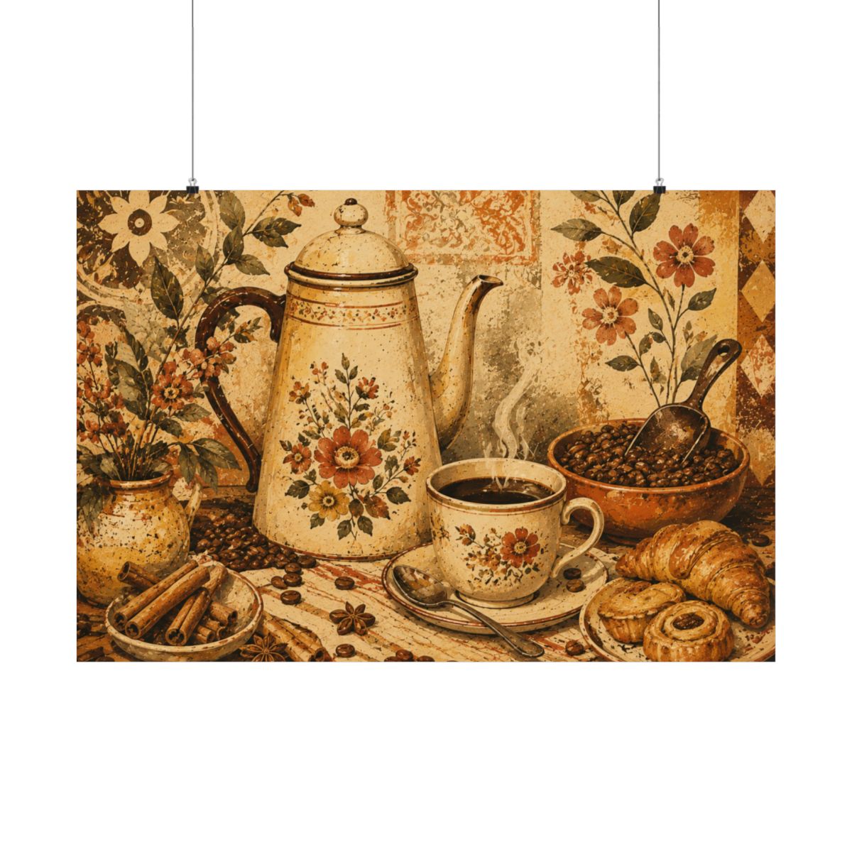 Vintage Floral Coffee Still Life Poster | Matte Horizontal P - 40" x 27"