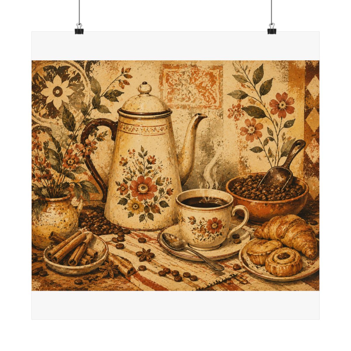 Vintage Floral Coffee Still Life Poster | Matte Horizontal P - 23" x 23"