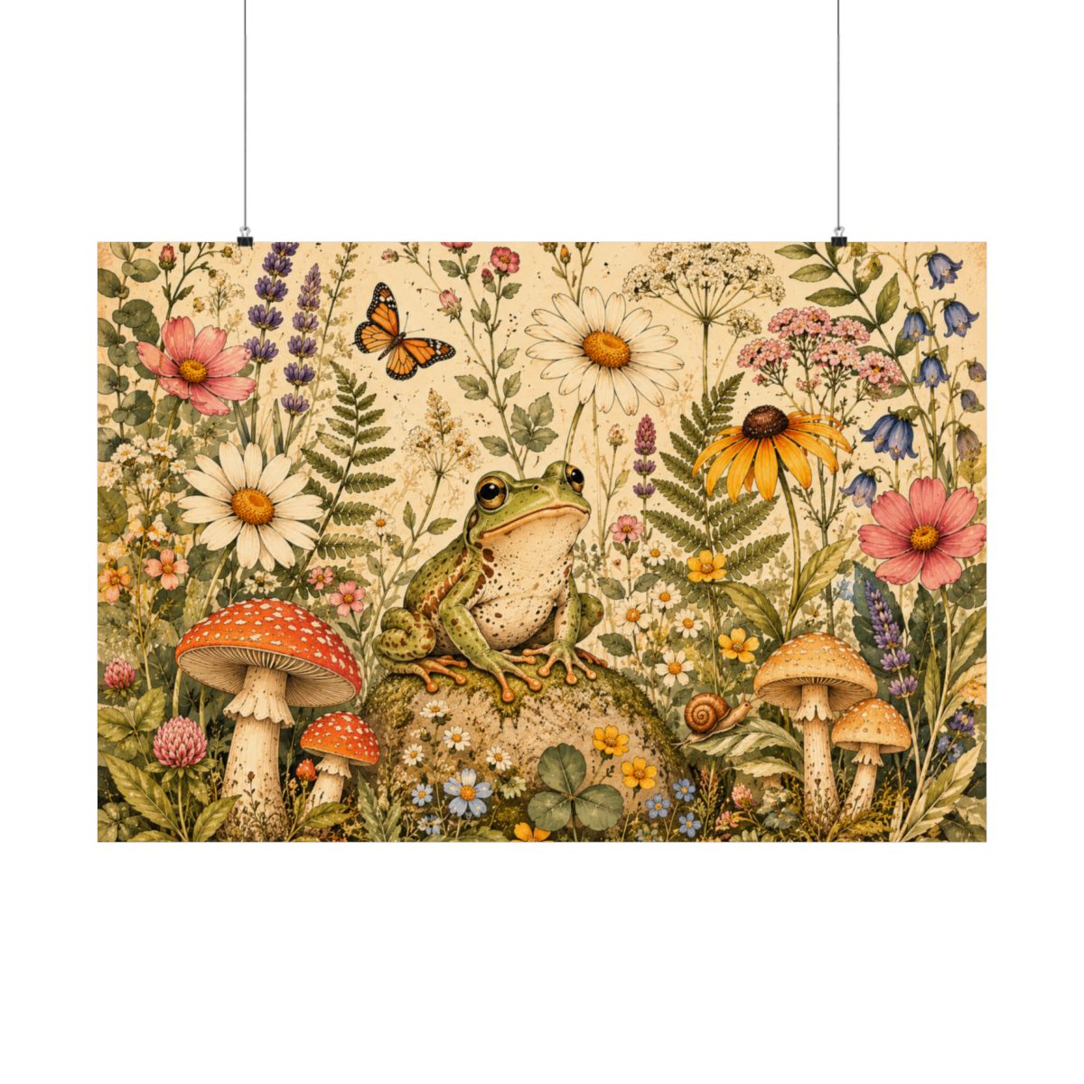 Vintage Meadow Frog Poster | Matte Horizontal Poster, Floral - 40" x 27"