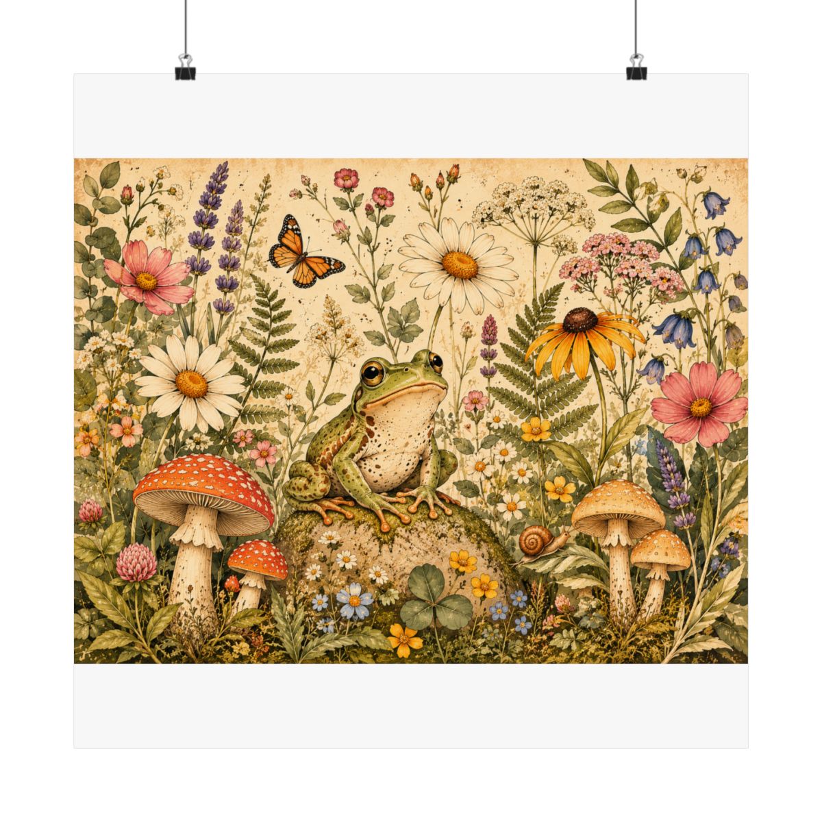 Vintage Meadow Frog Poster | Matte Horizontal Poster, Floral - 23" x 23"