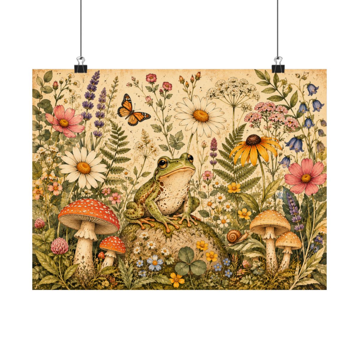 Vintage Meadow Frog Poster | Matte Horizontal Poster, Floral - 24″ x 18″