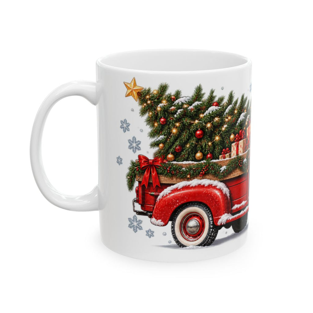 Vintage Red Pickup with Christmas Tree Mug | Holiday Truck Coffee Cup