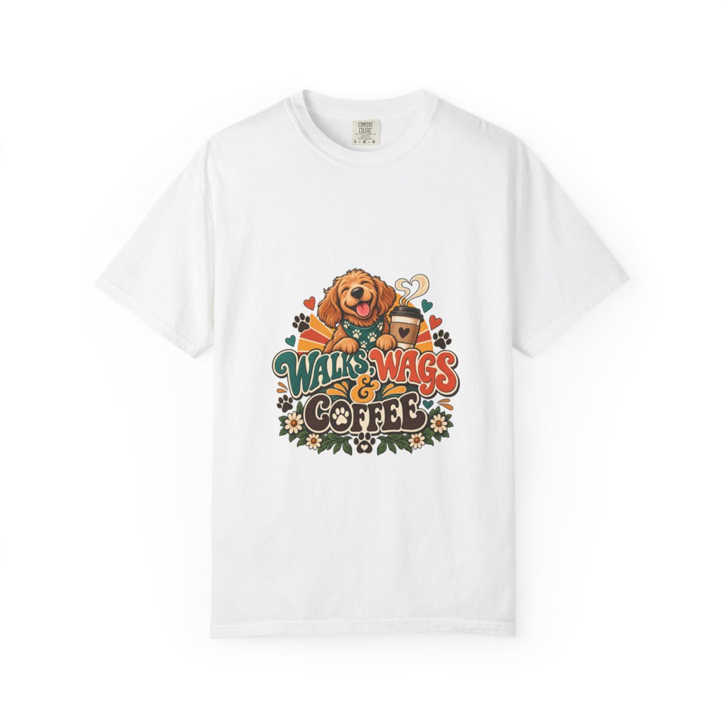 Walks Wags & Coffee T-shirt | Dog Lover Graphic Tee, Golden Retriever Paw Design