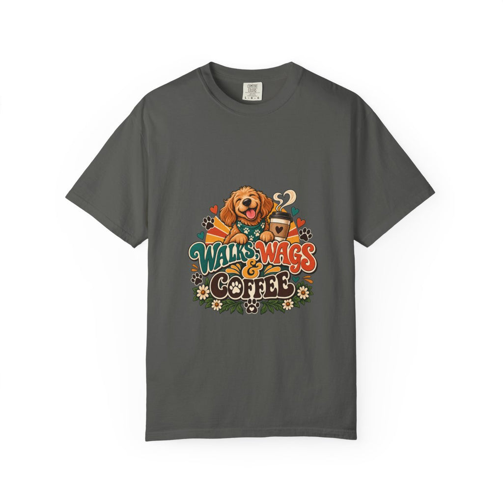 Walks Wags & Coffee T-shirt | Dog Lover Graphic Tee, Golden Retriever Paw Design