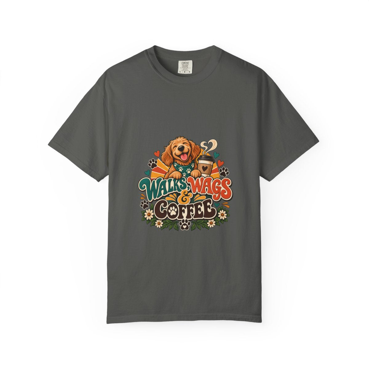 Walks Wags & Coffee T-shirt | Dog Lover Graphic Tee, Golden Retriever Paw Design