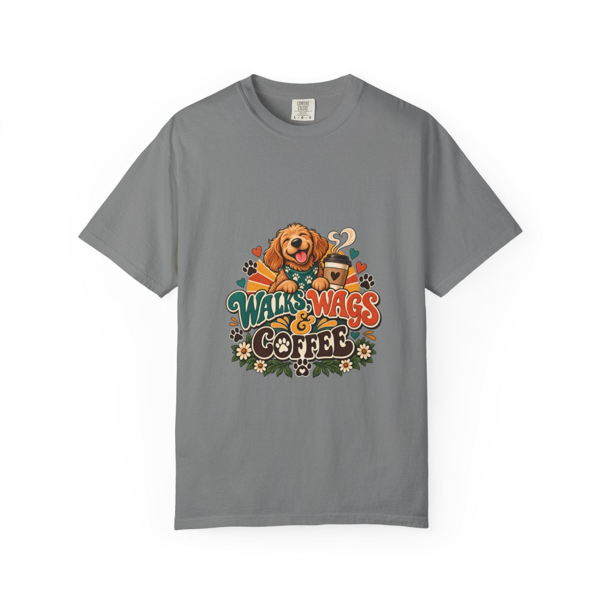 Walks Wags & Coffee T-shirt | Dog Lover Graphic Tee, Golden Retriever Paw Design