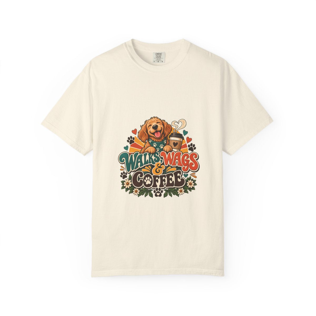 Walks Wags & Coffee T-shirt | Dog Lover Graphic Tee, Golden Retriever Paw Design