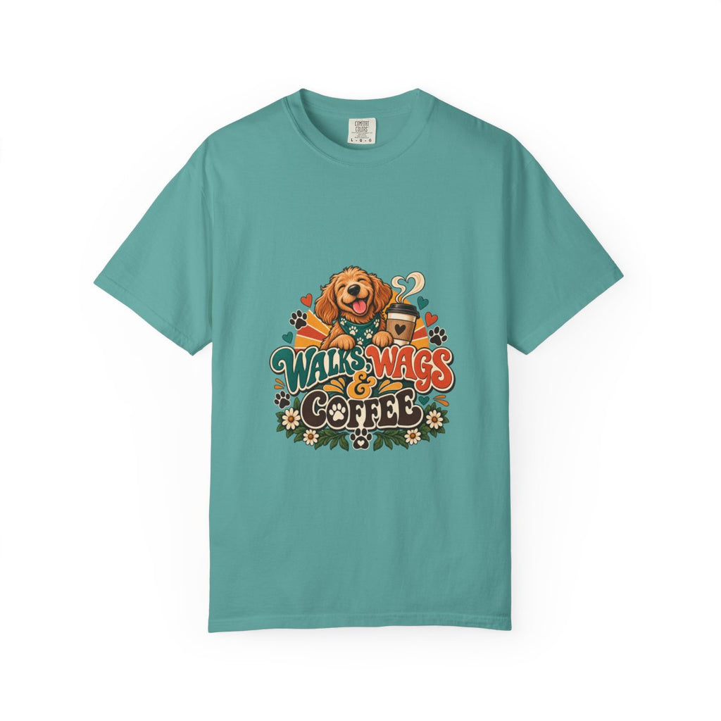 Walks Wags & Coffee T-shirt | Dog Lover Graphic Tee, Golden Retriever Paw Design