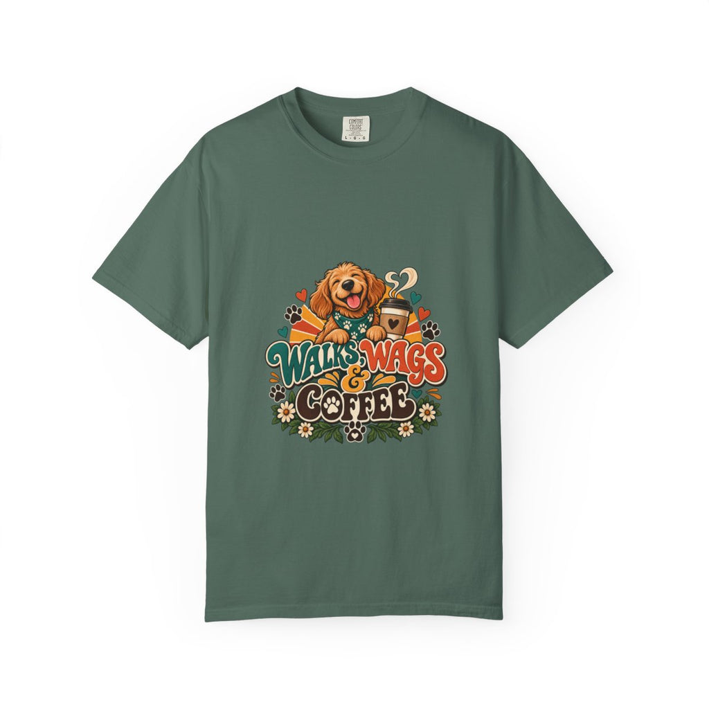 Walks Wags & Coffee T-shirt | Dog Lover Graphic Tee, Golden Retriever Paw Design