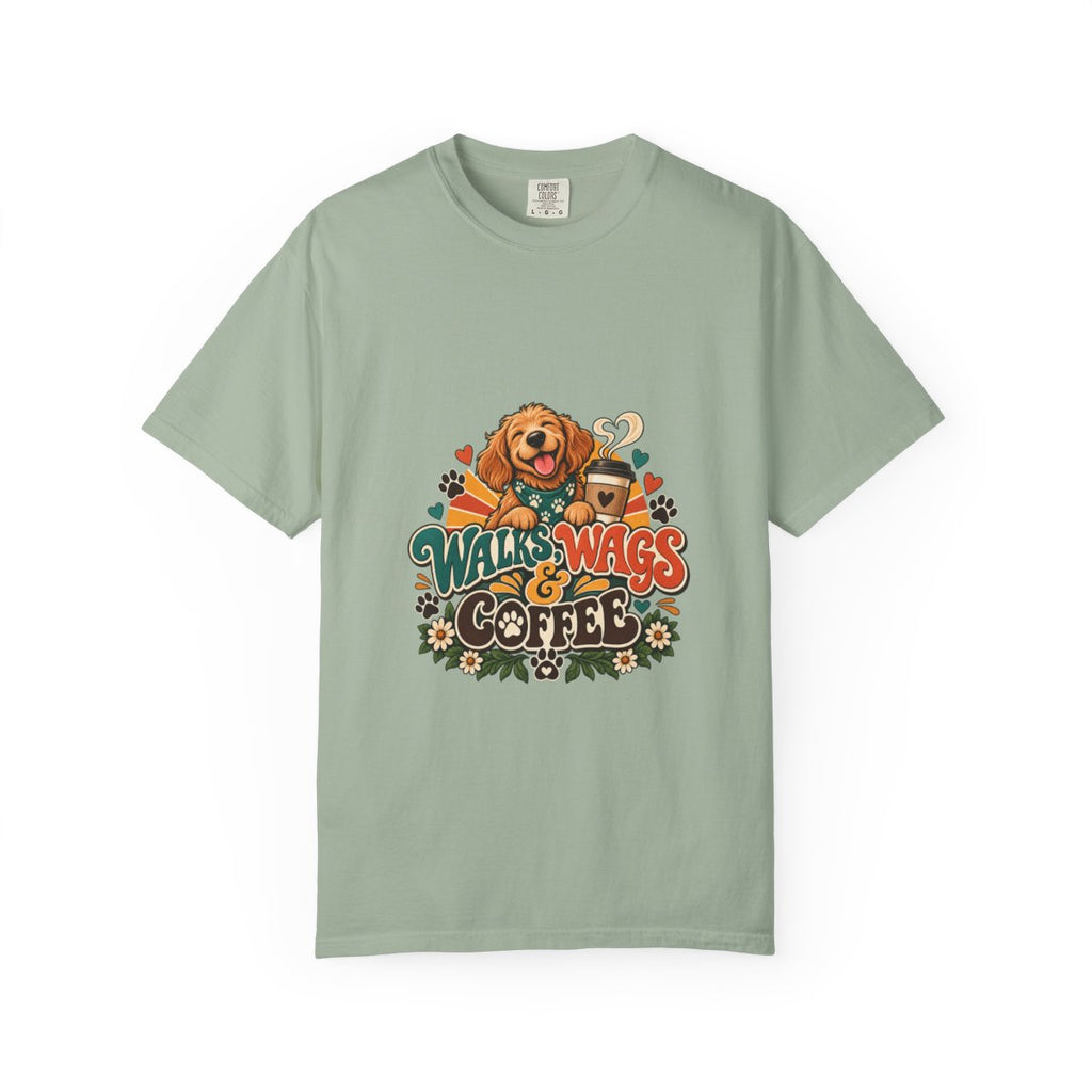 Walks Wags & Coffee T-shirt | Dog Lover Graphic Tee, Golden Retriever Paw Design