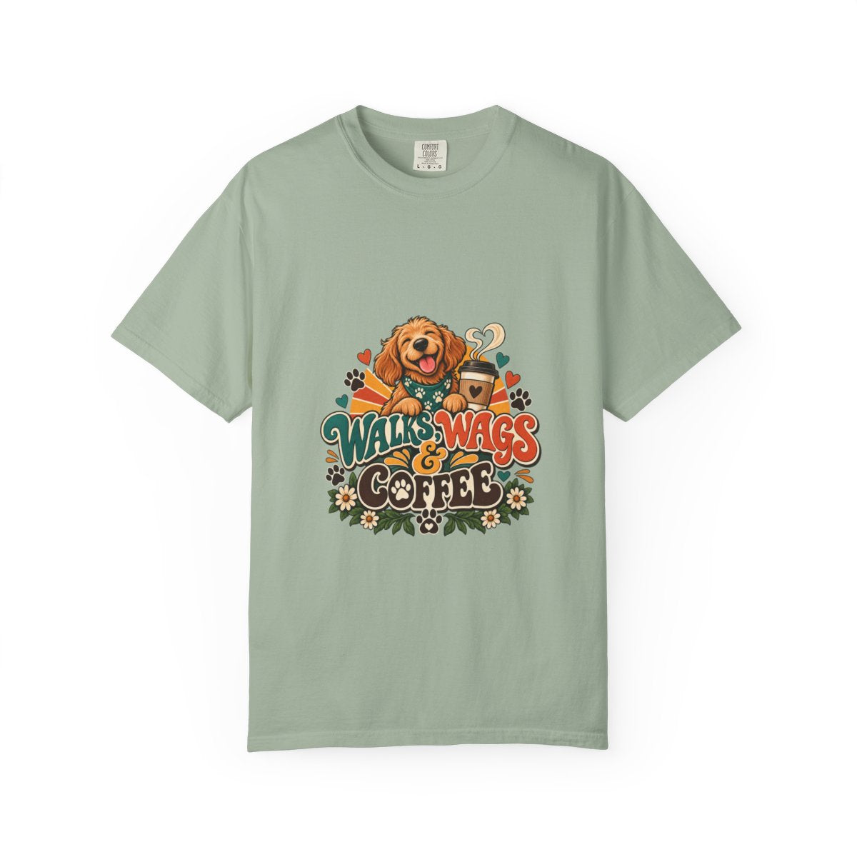 Walks Wags & Coffee T-shirt | Dog Lover Graphic Tee, Golden Retriever Paw Design