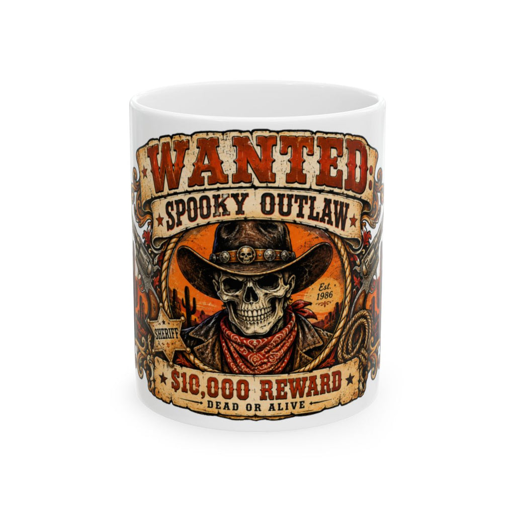 Wanted Spooky Outlaw Skull Mug | 10,000 Reward Ceramic Mug