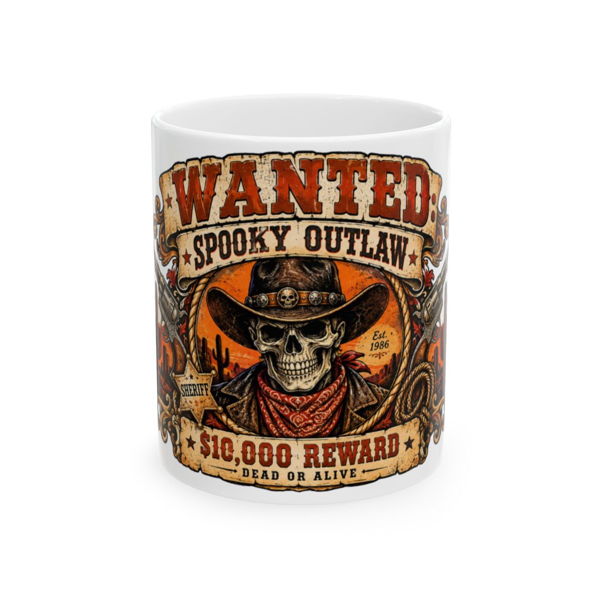 Wanted Spooky Outlaw Skull Mug | 10,000 Reward Ceramic Mug