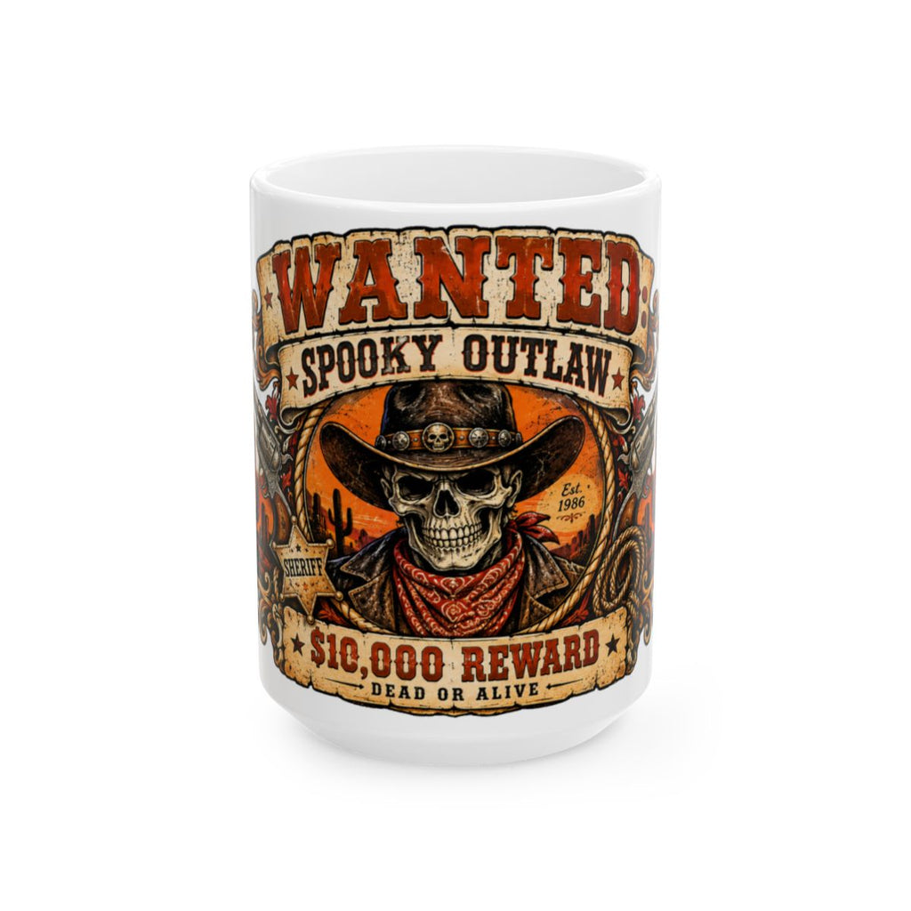 Wanted Spooky Outlaw Skull Mug | 10,000 Reward Ceramic Mug