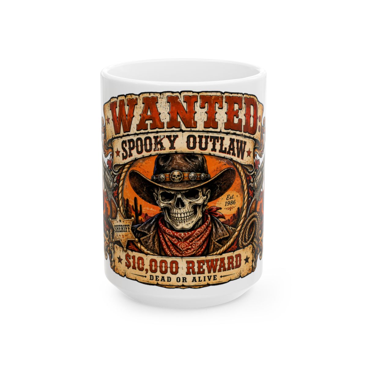 Wanted Spooky Outlaw Skull Mug | 10,000 Reward Ceramic Mug