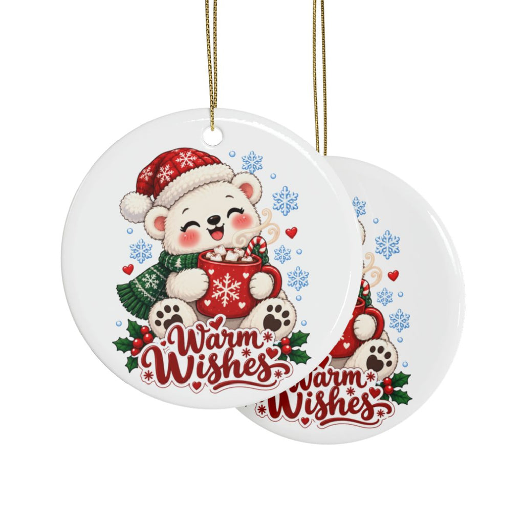 Warm Wishes polar bear holding hot cocoa Ceramic Ornament | Christmas holiday tree decor