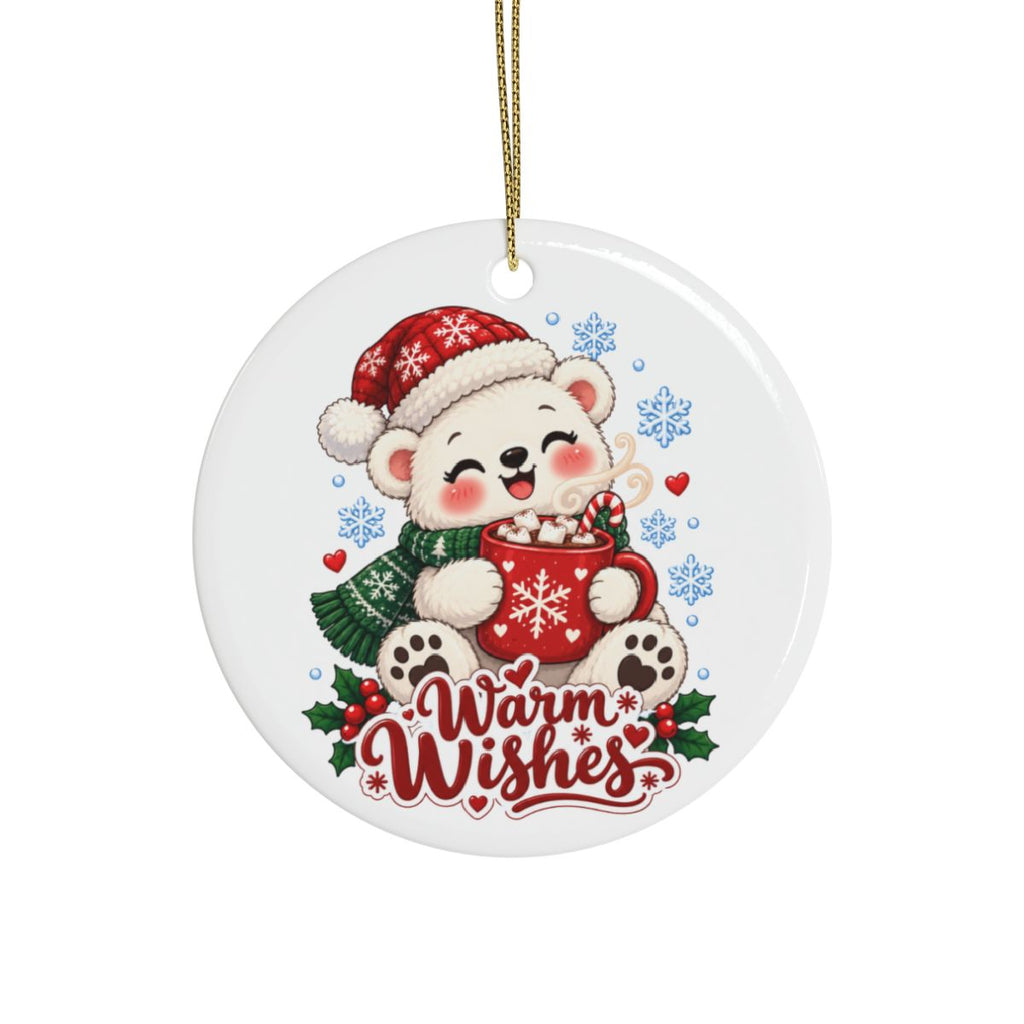 Warm Wishes polar bear holding hot cocoa Ceramic Ornament | Christmas holiday tree decor