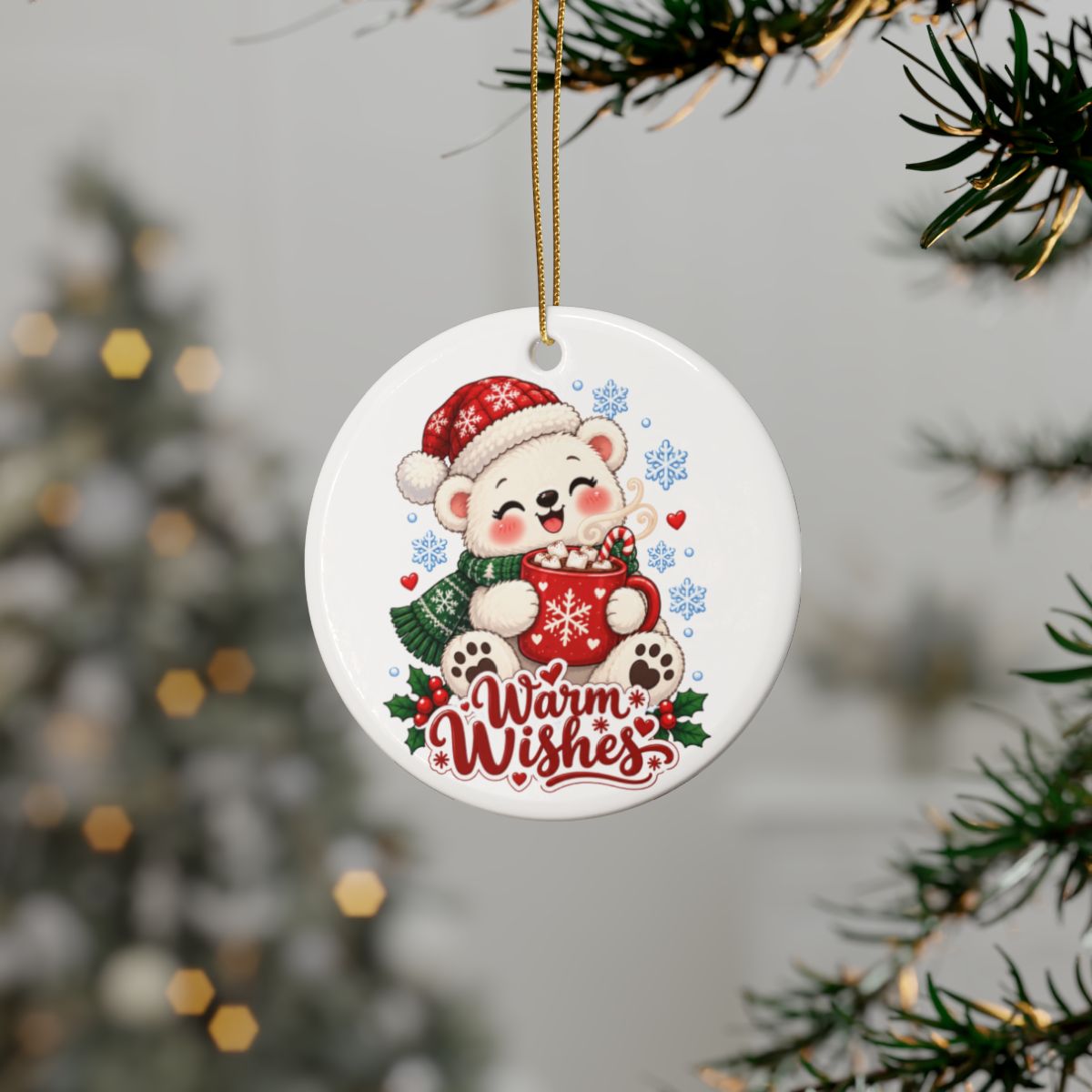 Warm Wishes polar bear holding hot cocoa Ceramic Ornament | Christmas holiday tree decor