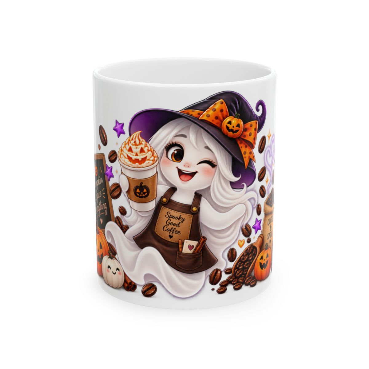 Winking Ghost Barista Halloween Mug | Ceramic Coffee Cup