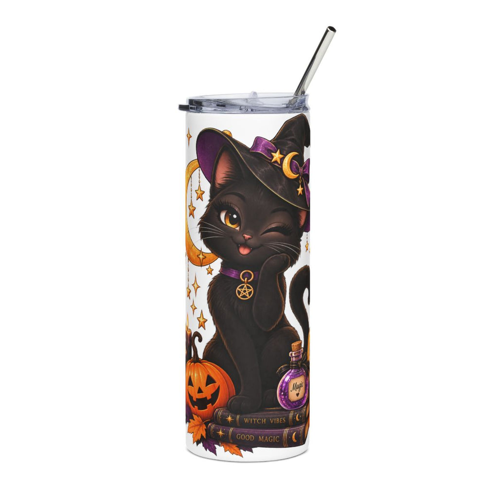Winking Witch Cat Tumbler | Stainless Steel 20oz, Halloween Crescent Moon