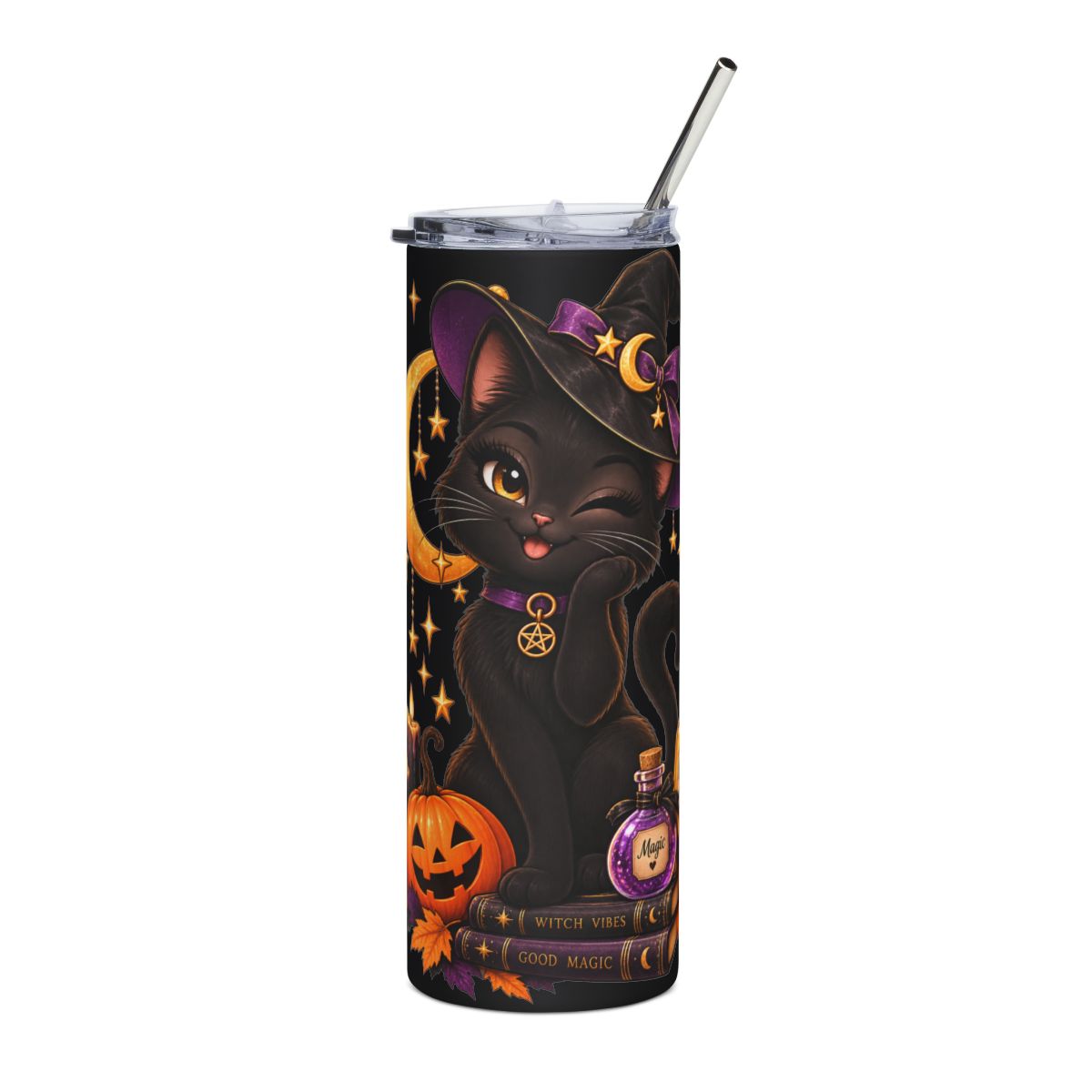 Winking Witch Cat Tumbler | Stainless Steel 20oz, Halloween Crescent Moon