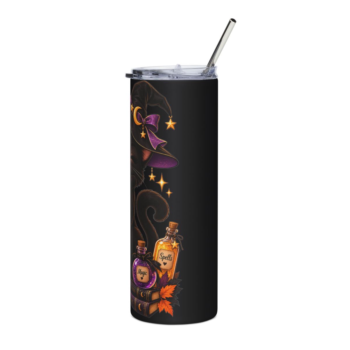 Winking Witch Cat Tumbler | Stainless Steel 20oz, Halloween Crescent Moon