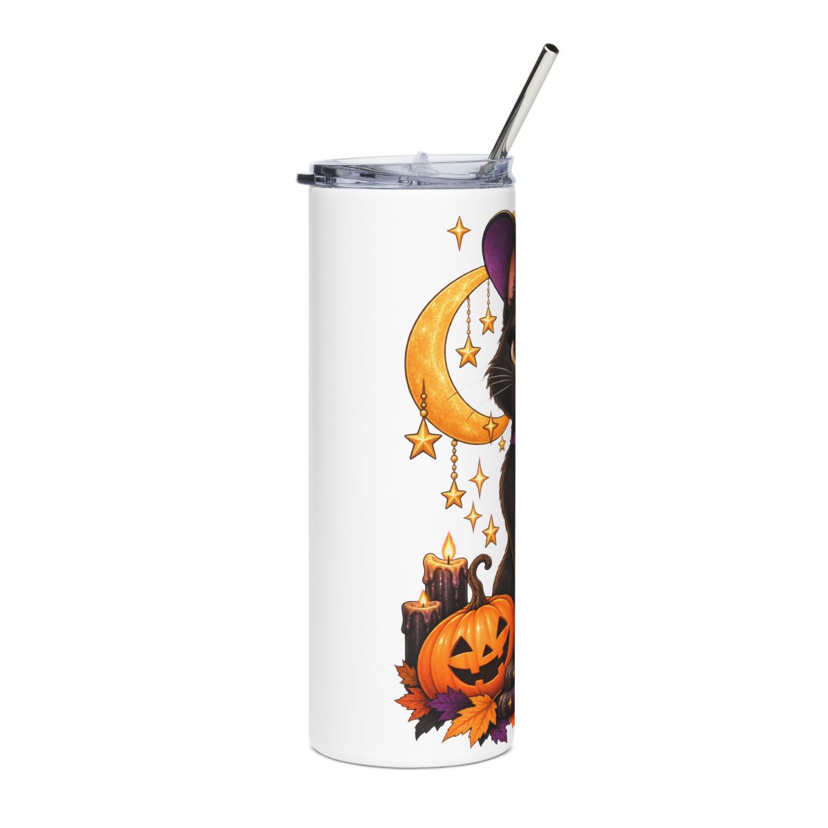 Winking Witch Cat Tumbler | Stainless Steel 20oz, Halloween Crescent Moon