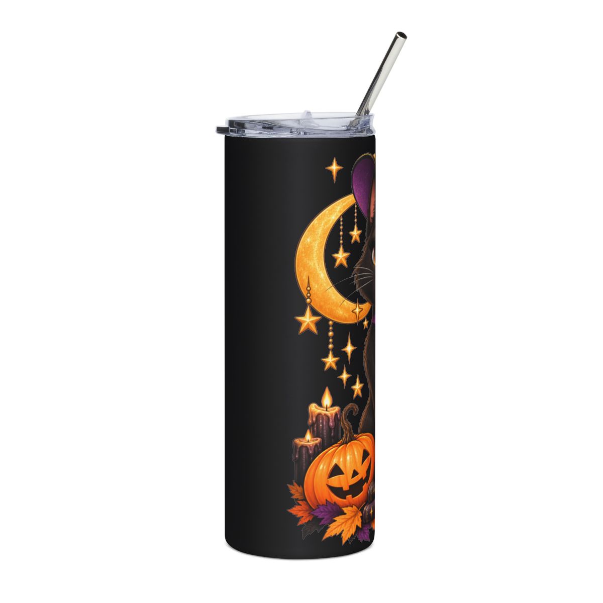 Winking Witch Cat Tumbler | Stainless Steel 20oz, Halloween Crescent Moon