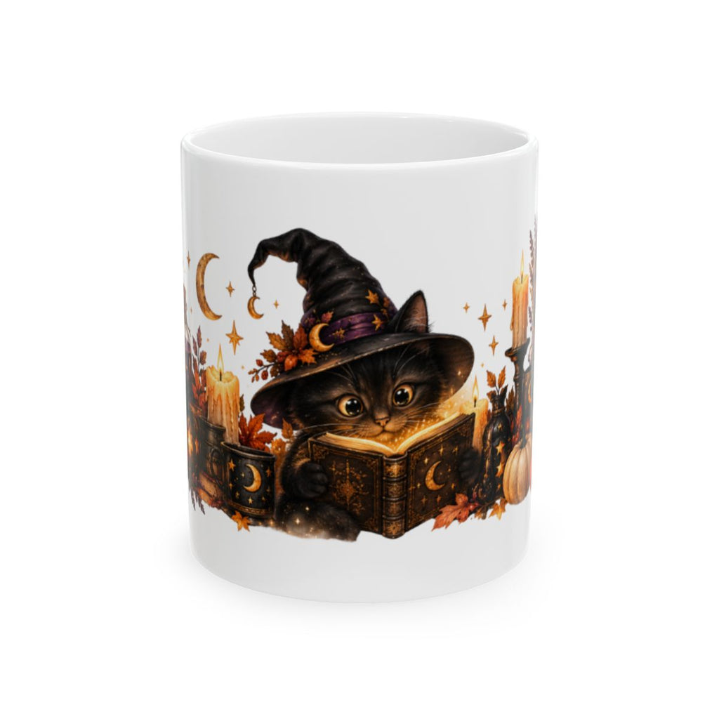Witch Cat Reading Spellbook Mug | Halloween Ceramic Coffee Cup