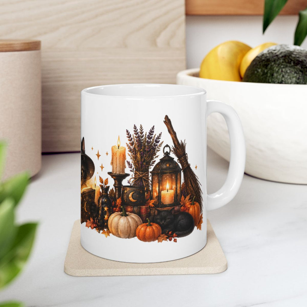 Witch Cat Reading Spellbook Mug | Halloween Ceramic Coffee Cup