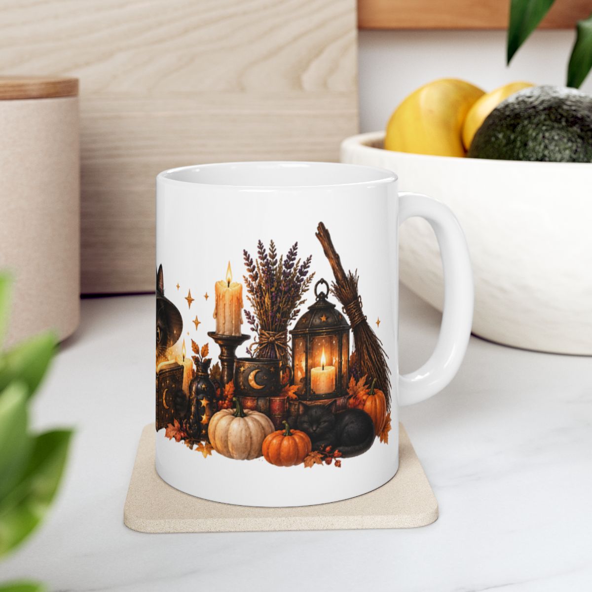 Witch Cat Reading Spellbook Mug | Halloween Ceramic Coffee Cup