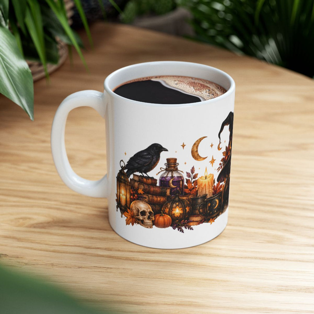 Witch Cat Reading Spellbook Mug | Halloween Ceramic Coffee Cup