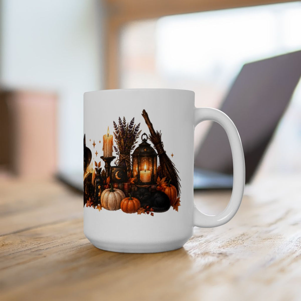 Witch Cat Reading Spellbook Mug | Halloween Ceramic Coffee Cup