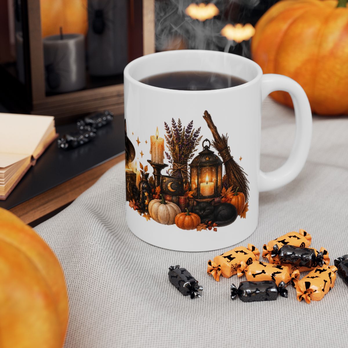 Witch Cat Reading Spellbook Mug | Halloween Ceramic Coffee Cup