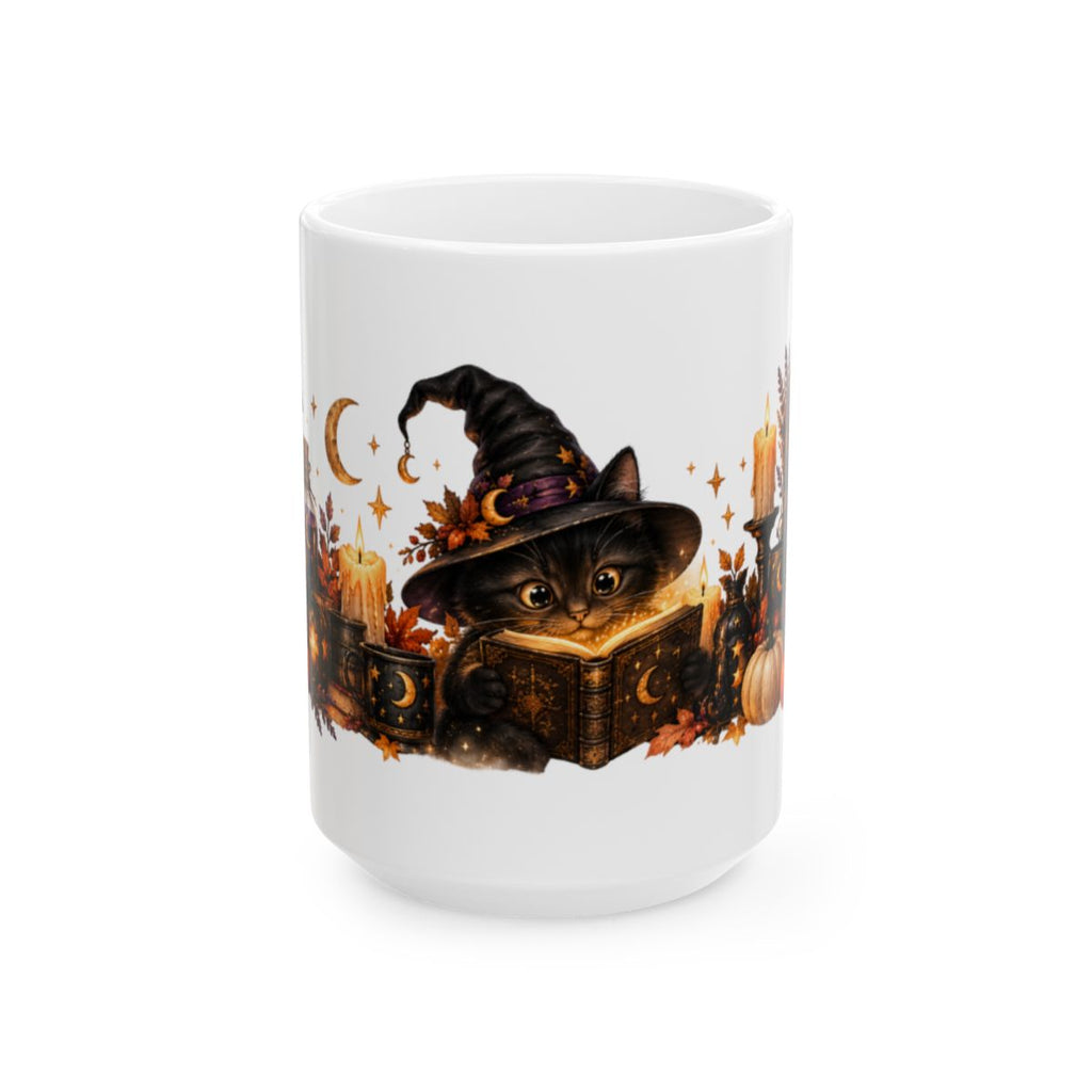 Witch Cat Reading Spellbook Mug | Halloween Ceramic Coffee Cup