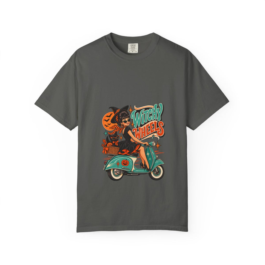 Witch on Scooter T-shirt | Halloween Pumpkin Ride Graphic Tee