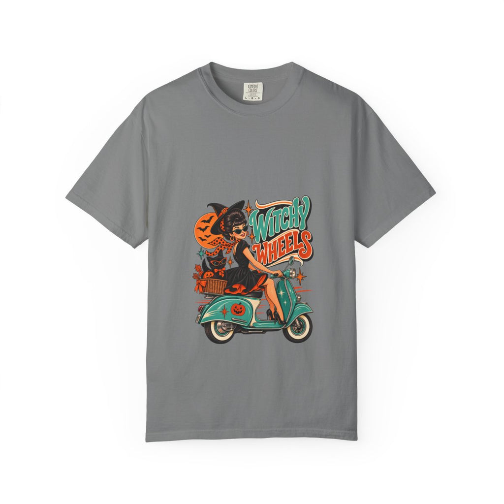 Witch on Scooter T-shirt | Halloween Pumpkin Ride Graphic Tee