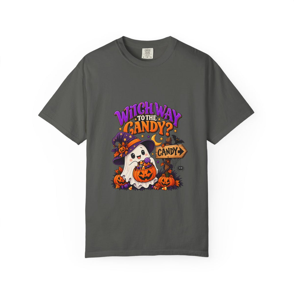 Witch Way to the Candy? Ghost Pumpkin Halloween T-shirt | Cute Trick or Treat Design