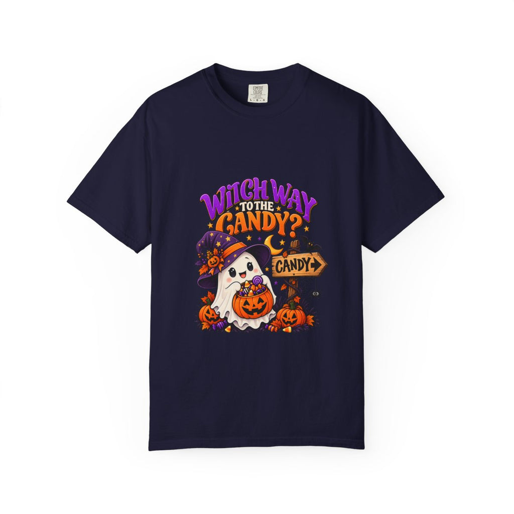 Witch Way to the Candy? Ghost Pumpkin Halloween T-shirt | Cute Trick or Treat Design