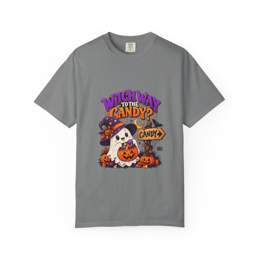 Witch Way to the Candy? Ghost Pumpkin Halloween T-shirt | Cute Trick or Treat Design