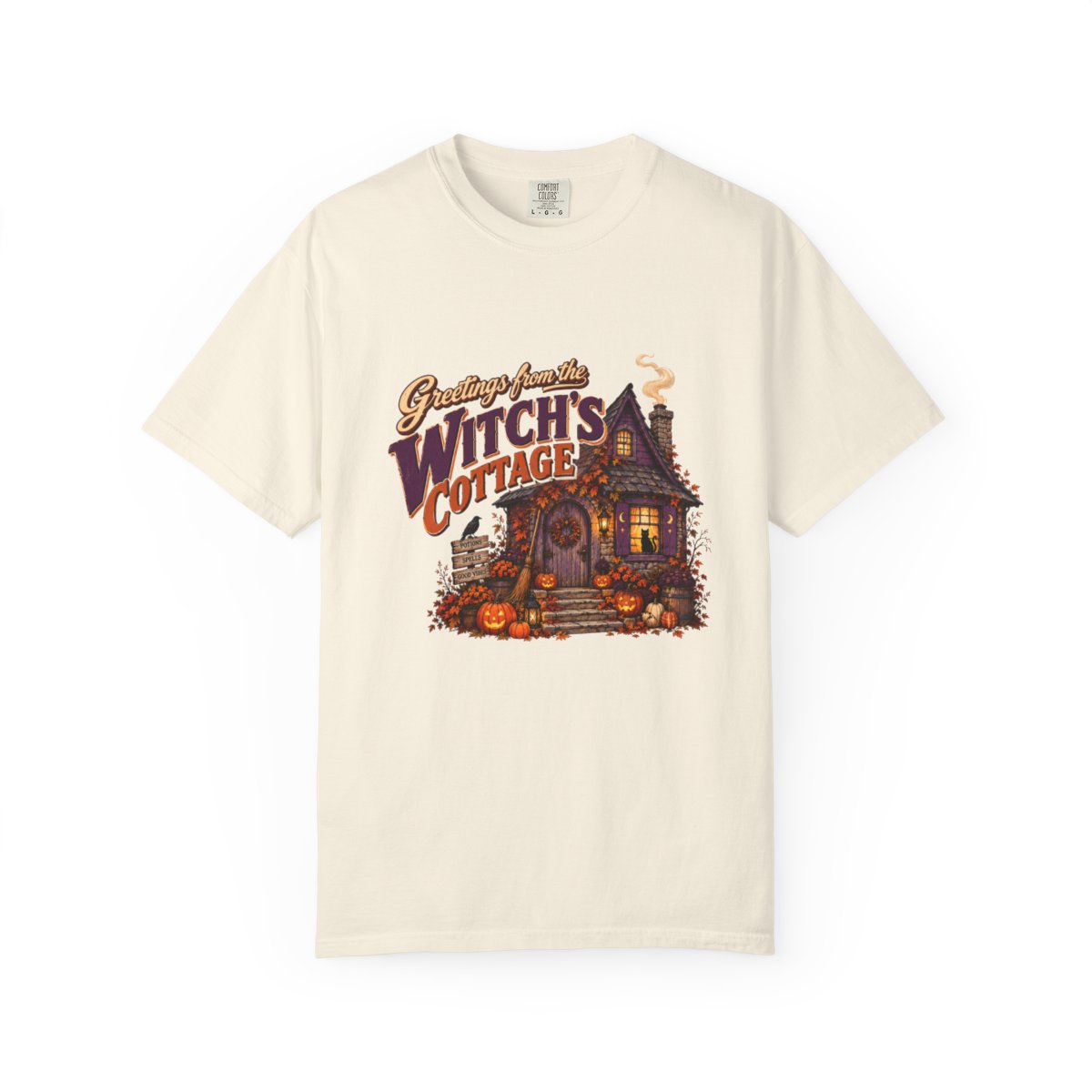 Witch's Cottage Illustration T-shirt | Halloween Witch House Pumpkin Scene