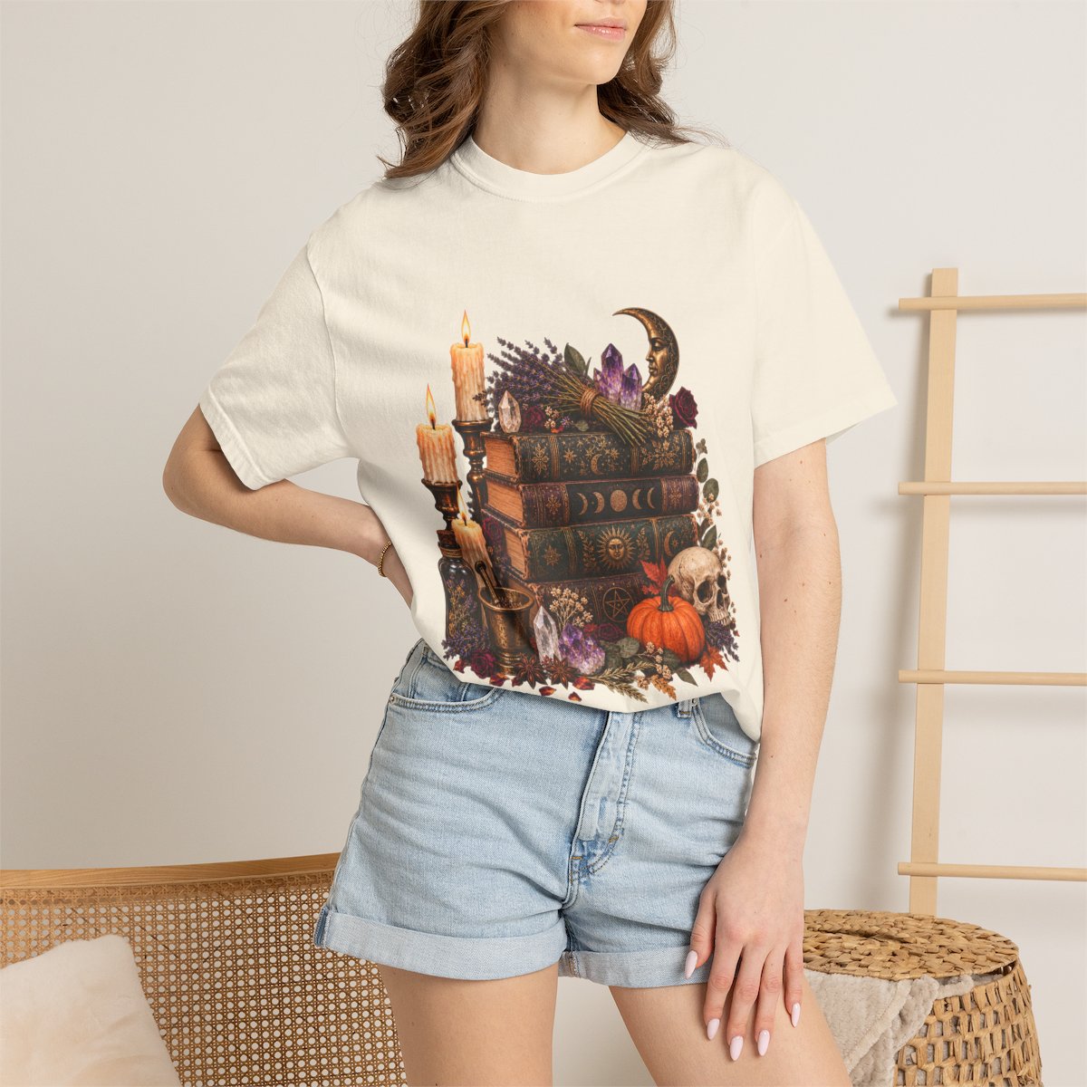Witchy Book Stack with Candles and Pumpkin T-Shirt | Gothic Halloween Illustration