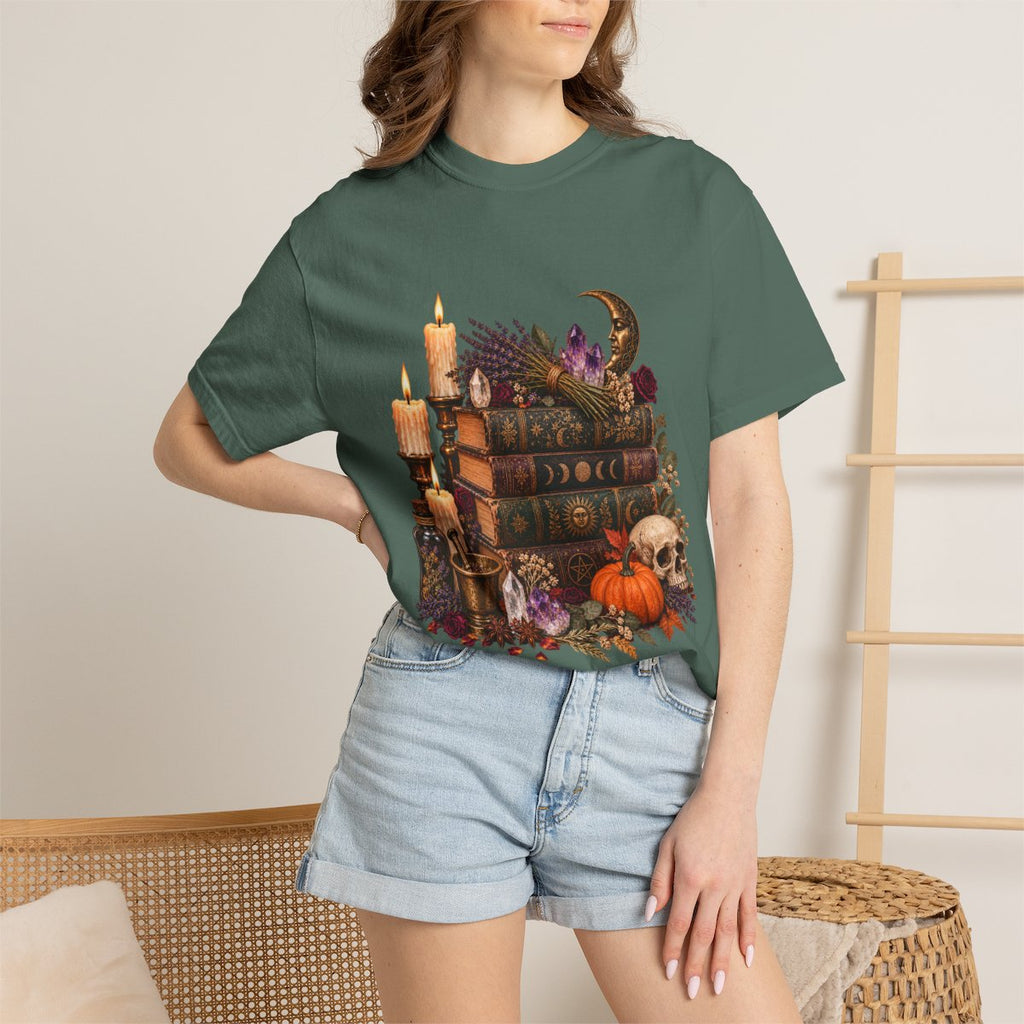 Witchy Book Stack with Candles and Pumpkin T-Shirt | Gothic Halloween Illustration