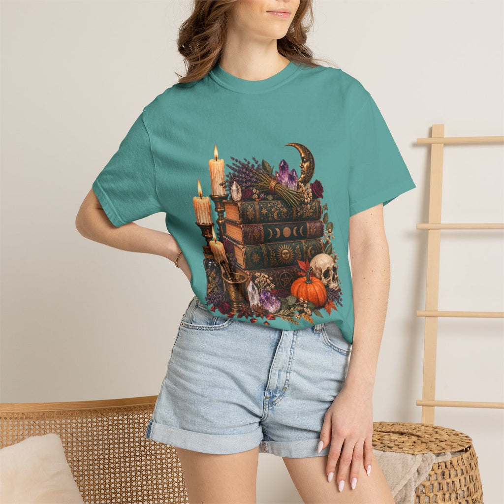 Witchy Book Stack with Candles and Pumpkin T-Shirt | Gothic Halloween Illustration