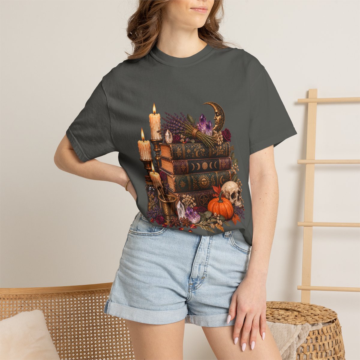 Witchy Book Stack with Candles and Pumpkin T-Shirt | Gothic Halloween Illustration