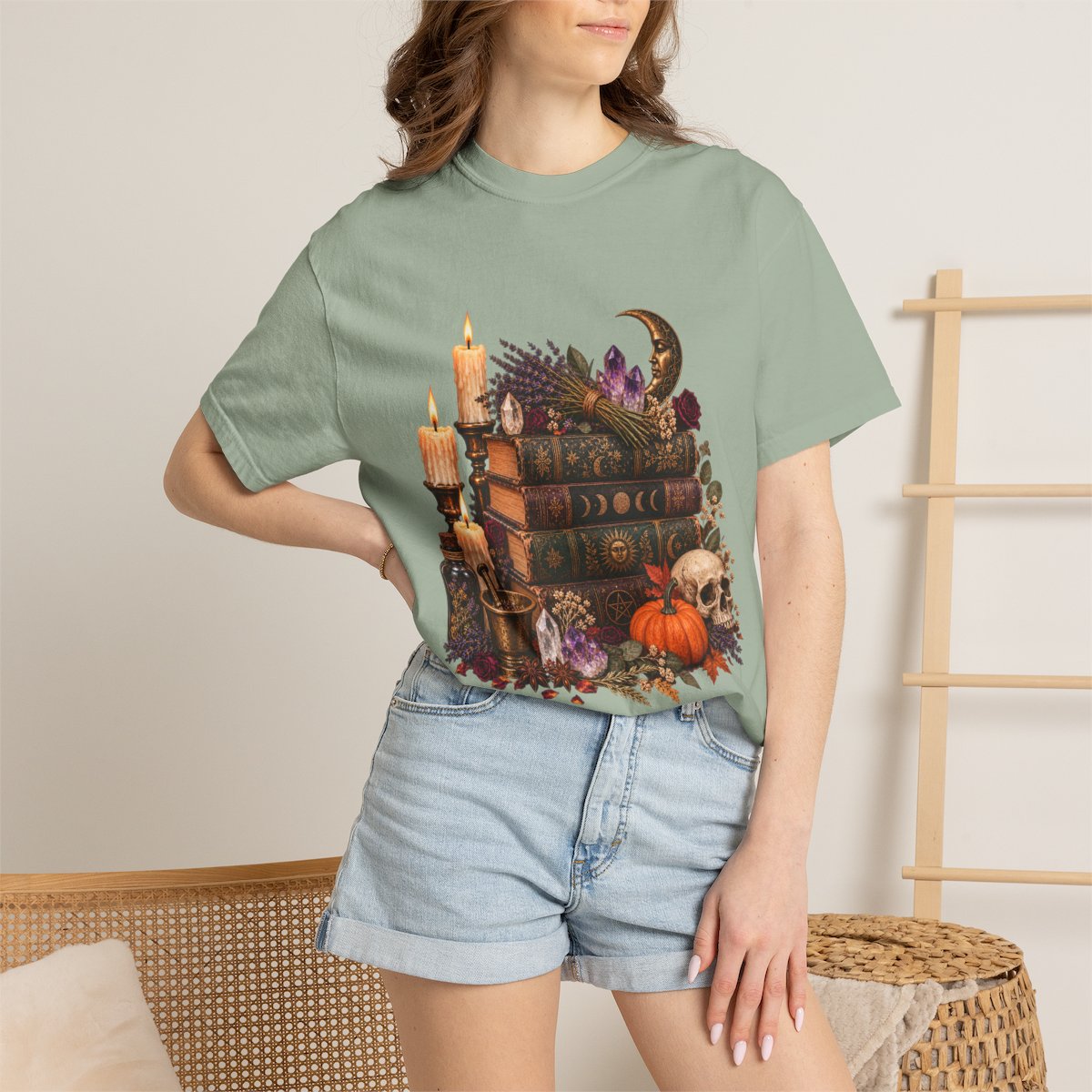 Witchy Book Stack with Candles and Pumpkin T-Shirt | Gothic Halloween Illustration